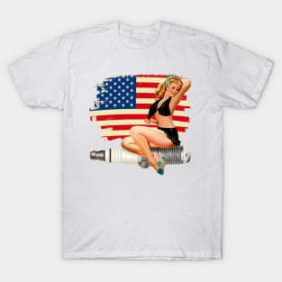 Sexy Pin Up Girl on Spark Plug - American Flag T-Shirt